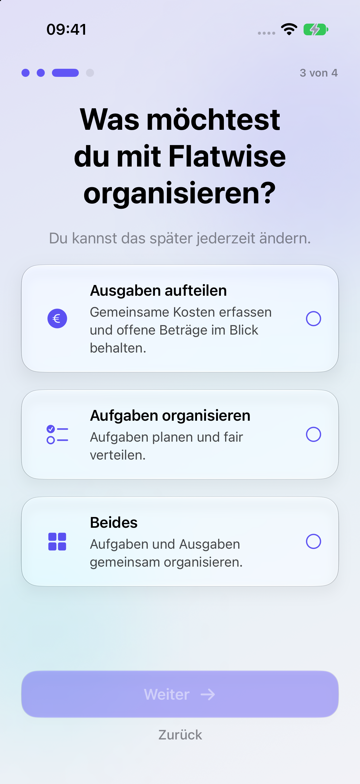 Flatwise auf dem iPhone: Auswahl zwischen Ausgaben aufteilen, Aufgaben organisieren und Beides.